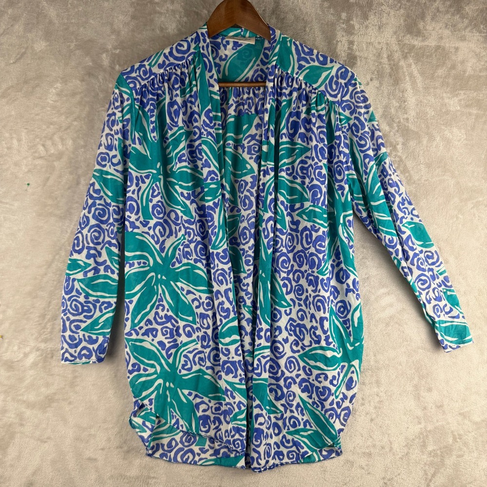 Oscar de la Renta Teal Blue Tropical Floral Open Front Cardigan swim Top